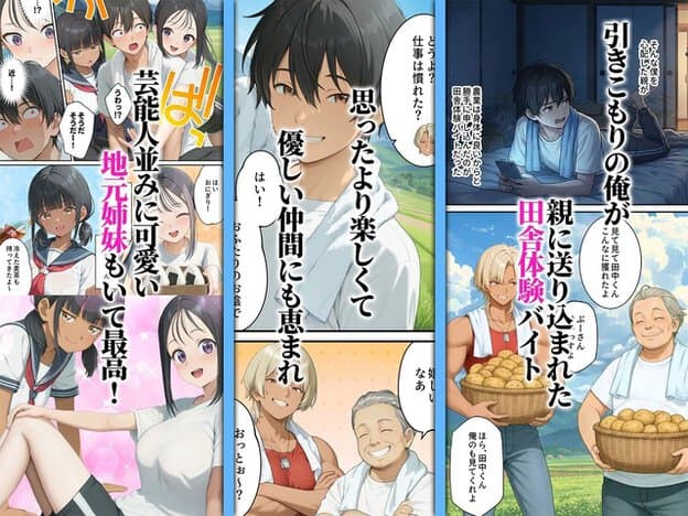 首に白いタオルを掛けた田中が中央で微笑み、姉妹や農作業仲間が周囲から親しげに見つめる