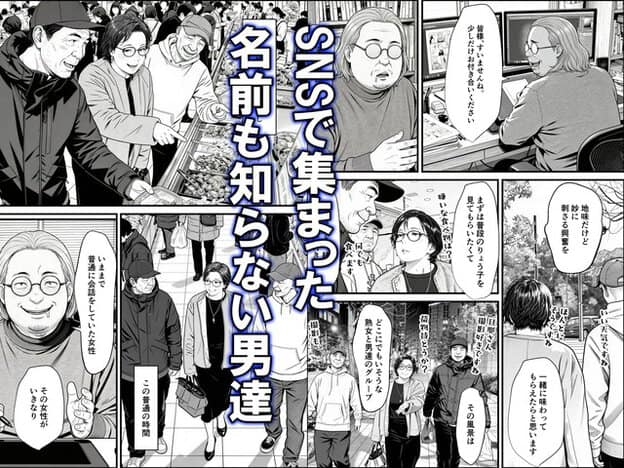 眼鏡の妻が年配男性たちと笑顔で歩き、買い物や会話を重ねながら距離を縮めていく
