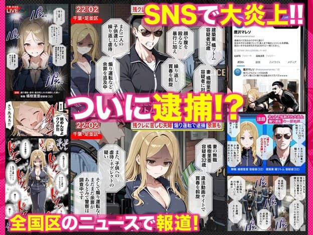違法動画の拡散、夫の暴力、警察による逮捕が全国ニュースへ発展した状況を見せる画像