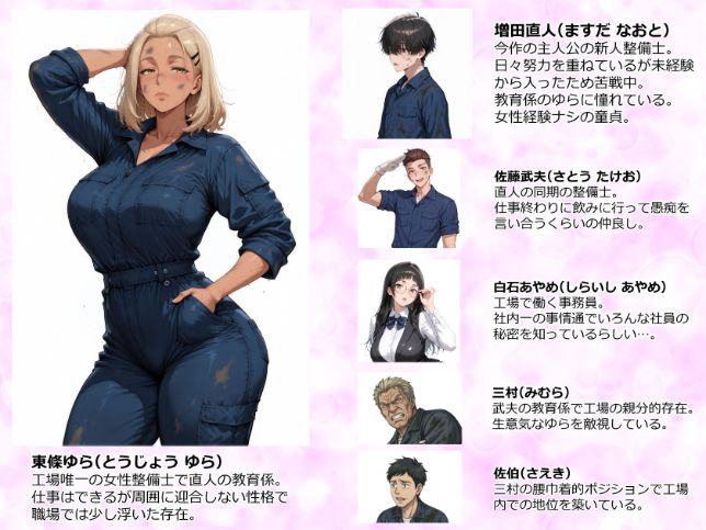東條ゆらが青い作業服を着て右手を頭の後ろに回して立っており、右側に増田直人、佐藤武夫、白石あやめ、三村、佐伯の顔写真と説明文が並んでいる。