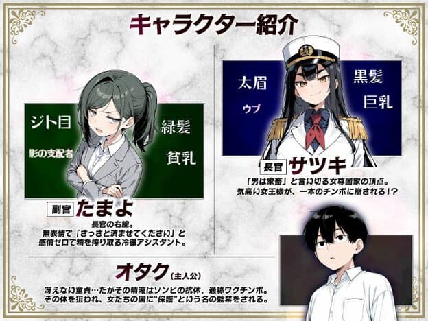 緑髪でスーツを着た女性たまよ、黒髪で軍服を着た女性サツキ、黒髪の男性オタクの三人が並んでいるキャラクター紹介。