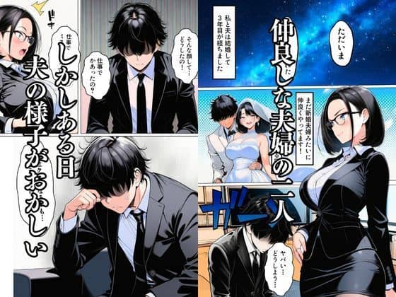 左上に眼鏡の女性が驚いた表情、左下にスーツの男性が頭を抱えて俯いている。右上にウェディングドレスの写真、右下に黒いスーツの女性が立っている。