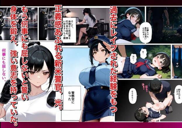 ポニーテールの黒髪女性がボクシングの練習をしたり、学生服の姿で地面に倒れている回想シーン、そして警察官として敬礼する姿が描かれている。