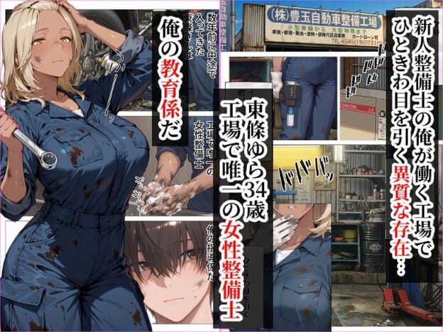 東條ゆらがレンチを持って作業しており、手を洗う様子、工場の外観、工具棚、顔のアップ、車両整備用のリフト、タイヤ交換の様子がある。