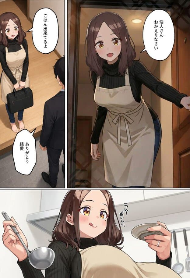 エプロン姿の女性が玄関で男性を出迎える。別カットで料理をしている。