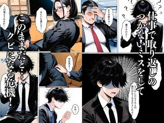眼鏡の女性がオレンジのソファーに座っており、太ったスーツの男性が額に手を当てている。スーツの男性が困惑した表情や、真剣な表情の若いスーツ男性が見える。