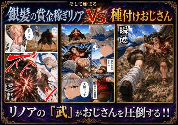 リノアとおじさんの戦闘シーン。リノアが蹴りと拳で攻撃。おじさんが「まだッス！」と叫ぶ。リノアの武がおじさんを圧倒する。