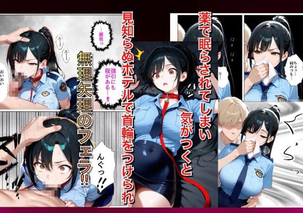 警察制服を着た黒髪女性が横たわり、金髪の男性が赤い首輪を装着している。女性の口がテープで塞がれている場面もある。