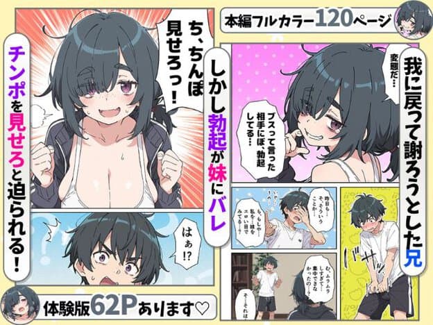 左側に妹が笑顔で「ち、ちんぽ見せろっ!」と迫り、兄が「はぁ!?」と驚いている。右側に兄が勃起していることが妹にバレたシーン。妹が「ブスって言った相手にぼ、勃起してる…」と指摘。