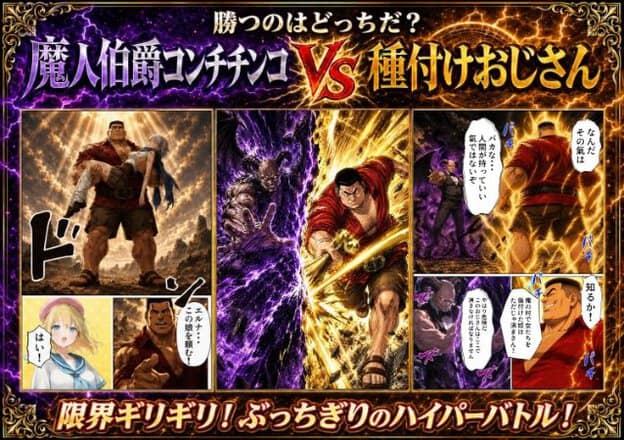 魔人伯爵コンチチンコVS種付けおじさん。おじさんがリノアを抱え、金色の剣で戦う。限界ギリギリのハイパーバトル。