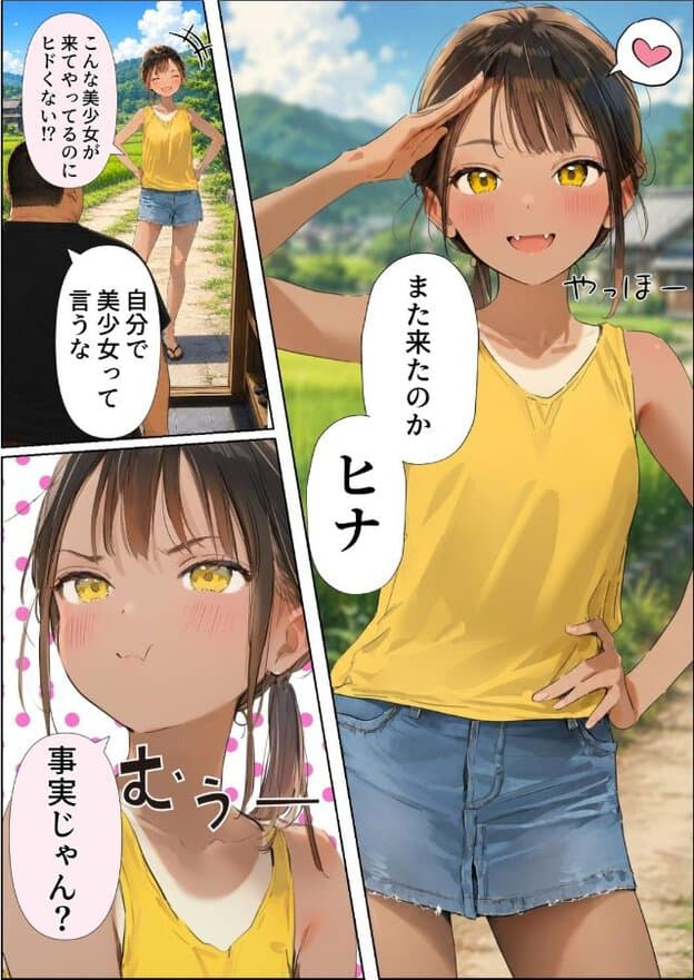 黄色いタンクトップの女性が敬礼している。