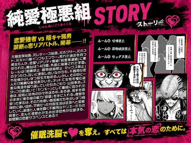 『純愛極悪組』のあらすじ、喧嘩禁止・器物破損禁止・セックス禁止の三つのルール、登場人物の漫画カットを載せた紹介画像。