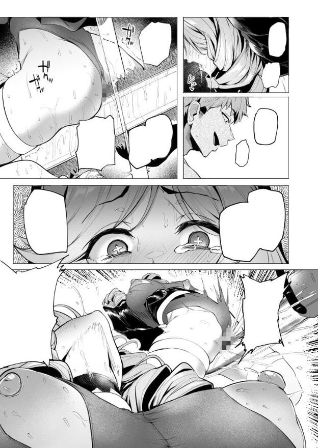 女性の臀部付近に定規のような物を当てる場面、男性と女性の横顔、涙を浮かべた女性の目元、身体を大きく開いた状態の場面が描かれている。一部にはモザイクがあり、女性は目を大きく見開いて涙をためた切迫した表情をしている。