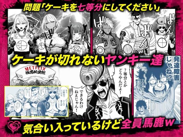 参加者たちがケーキを七等分する案を紙に描いて示し、鬼瓦ジュンヤが中央で大声を上げている。