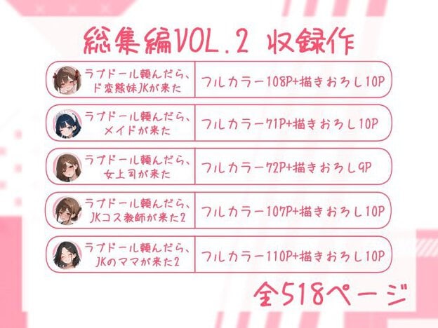 5作品のタイトルとサンプル画像が並んだ収録一覧表。