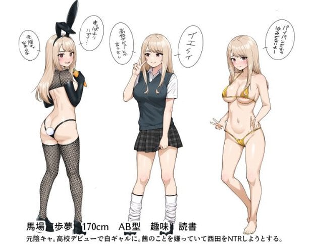 馬場歩夢のキャラクターシート。バニーガール、制服、水着姿。
